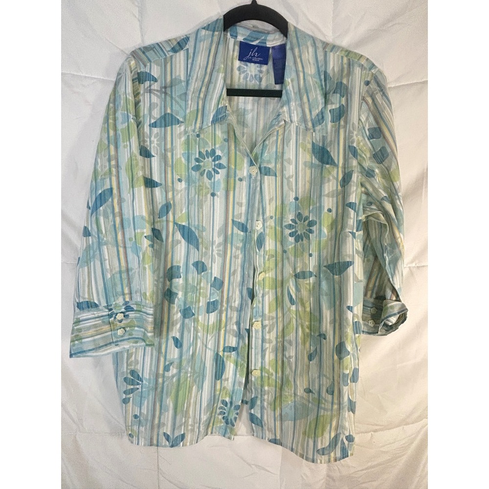 j.h. collectibles Woman Striped Floral 3/4 Sleeve Button Down‎ Shirt Top
